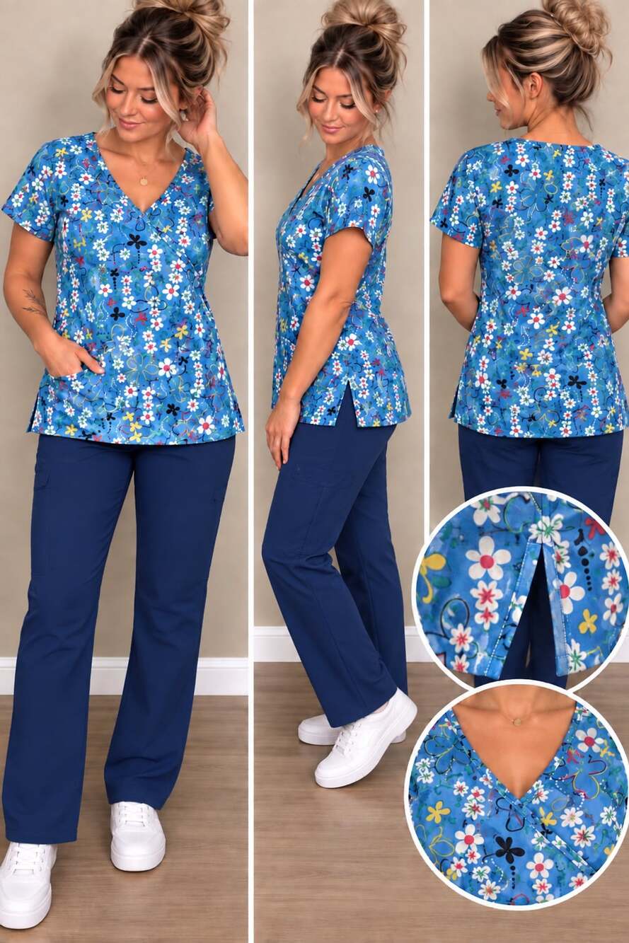 SB Scrubs Floral Butterfly Scrub Top Size L Blue V-Neck Pocket